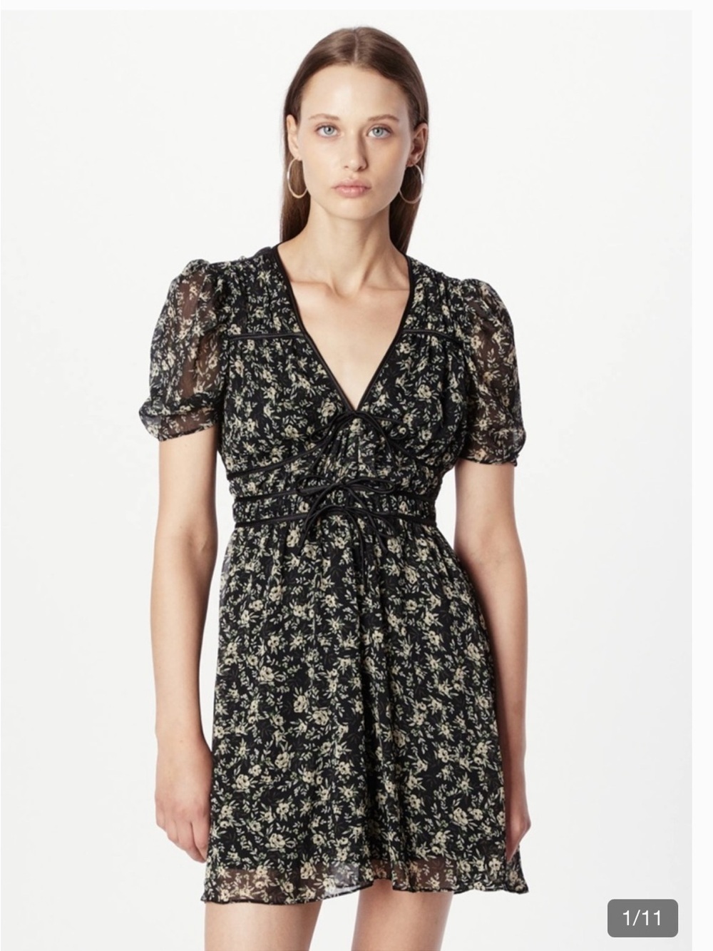 Topshop Black Floral Tie-Front Mini Tea  Dress Women’s Size 8
